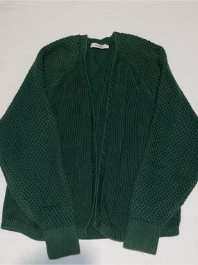 Dark Green Cotton Open-Front Knit Women's Sweater